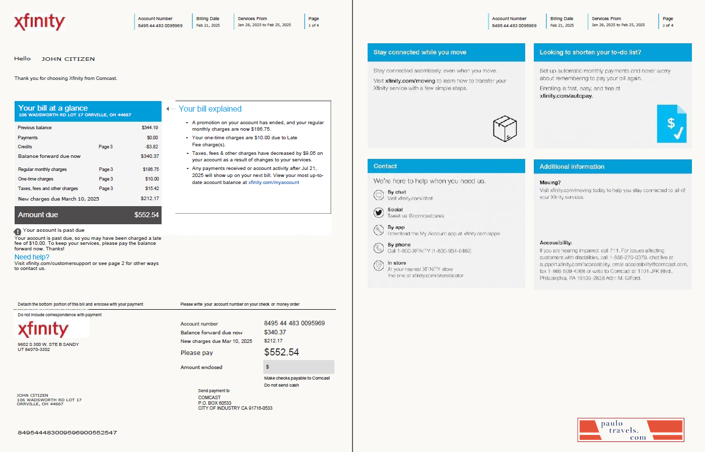 USA Xfinity utility bill template in Word and PDF formats, 4 pages, version 2, 1 2 pages